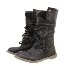 Big size 34 43 Women Half Knee High Boots Vintage Flats Heels Lace Up Warm Winter