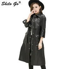 SHILO GO Мода уличный женский роскошный черный нагрудный ремень боковой карман однобортный Овчина натуральная кожа Свободное длинное пальто