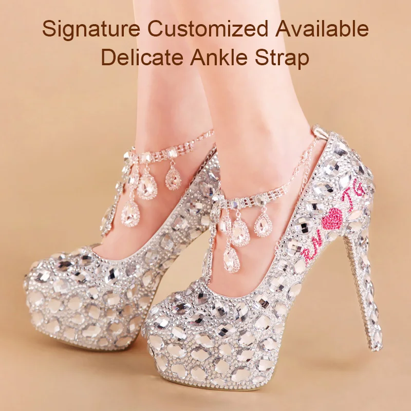 Crystal Wedding Shoe Large Size Super High Heel Round Toe slip-on Women Pumps with Platform for Party Banquet Bridesmaid bridal