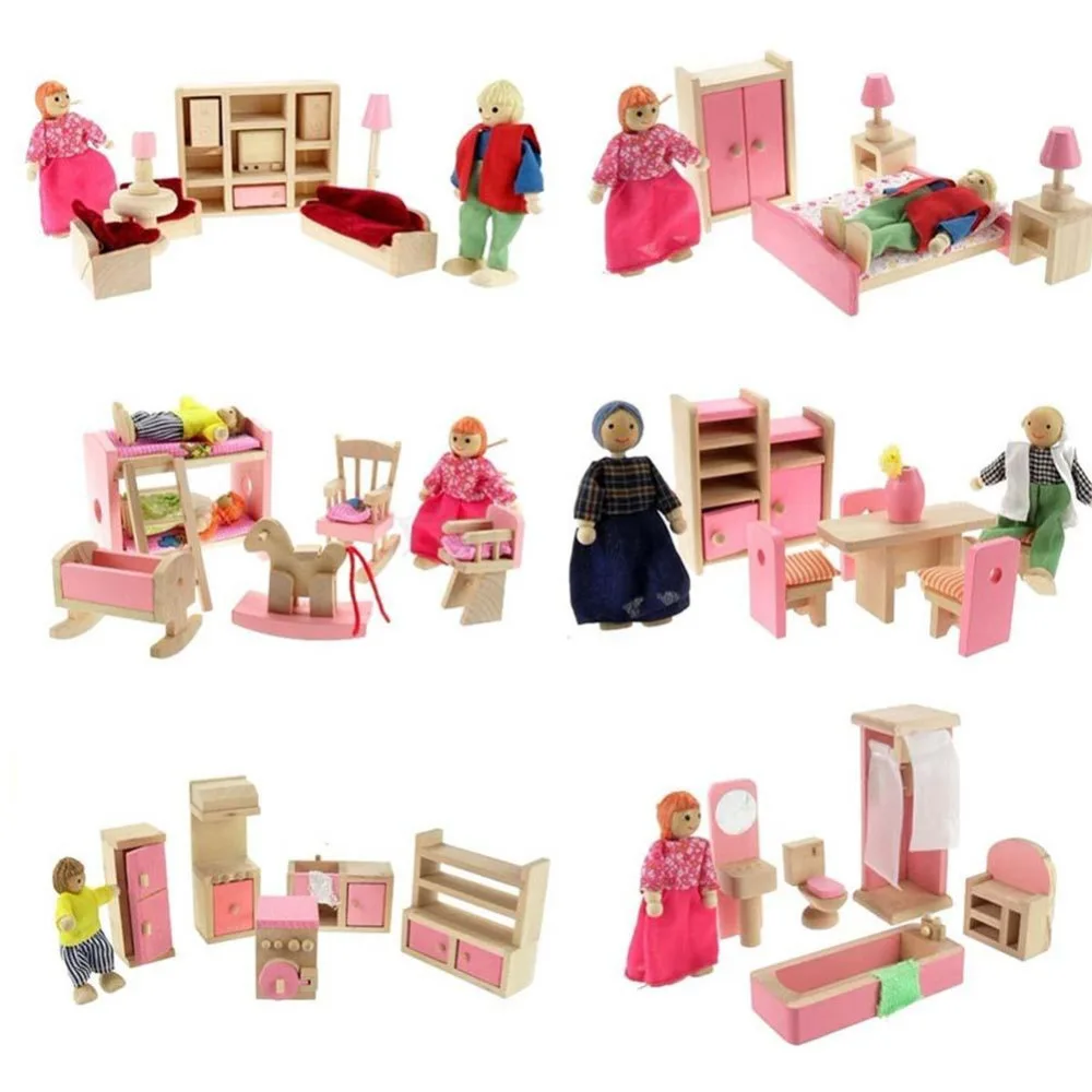 wooden dolls house furniture and dolls