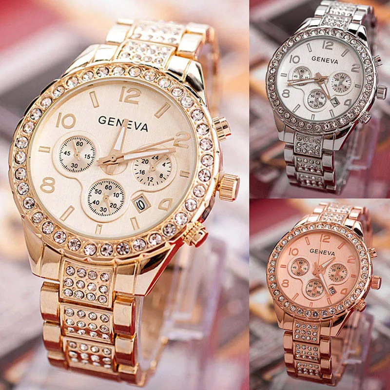 Geneva, женские модные Роскошные Кварцевые часы с кристаллами, розовое золото, для девушек, золото, для девушек, для девушек,, фирменный браслет, наручные часы, Новинка# YY