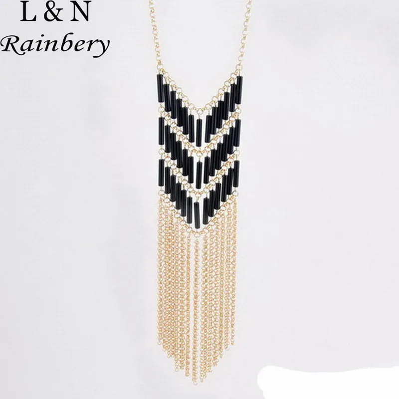 

Rainbery Design Fashion Boho Chic Multicolor Stacking Layers Sleek Bugle Resin Beaded Gold Braided Chain Long Fringe Necklace