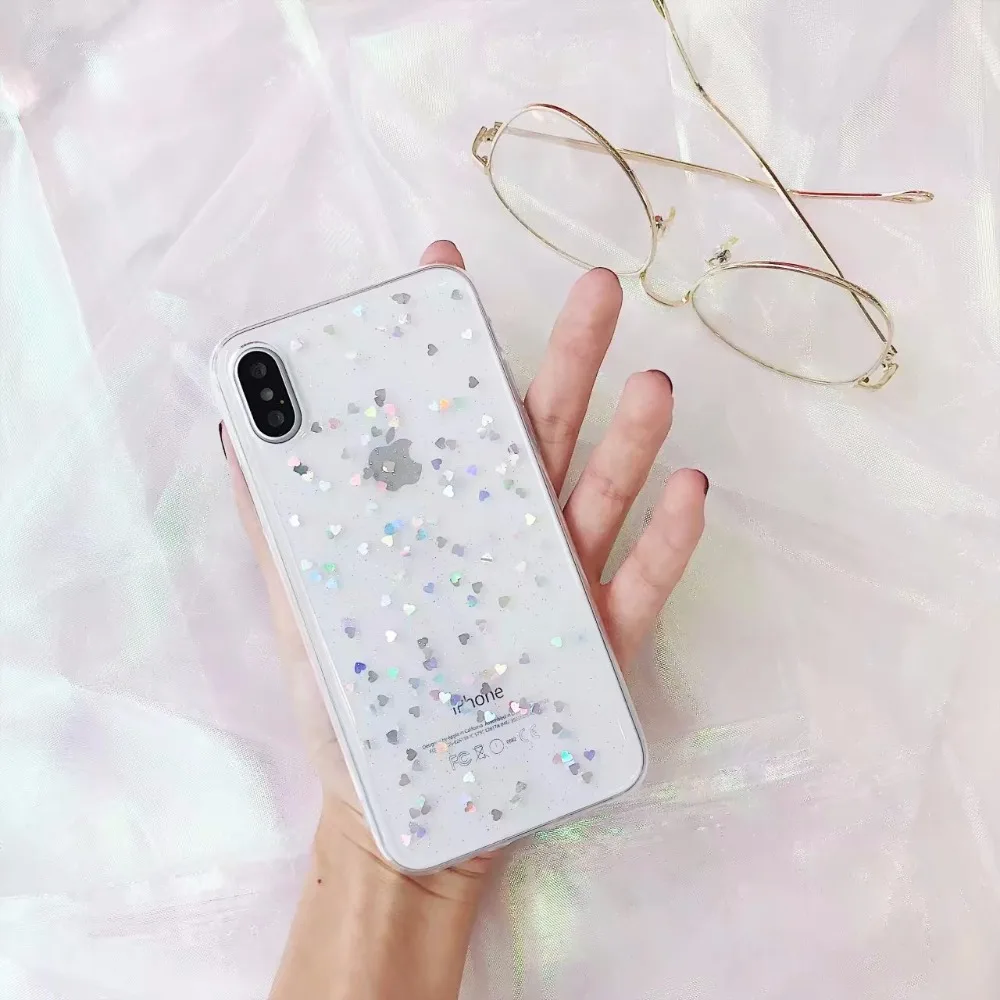 

Love Phone Case For iPhone X 8 8Plus Flash Powder Soft Transparent TPU Cases Back Cover Capa Coque For iPhoneX 8 7 Plus 6 6plus