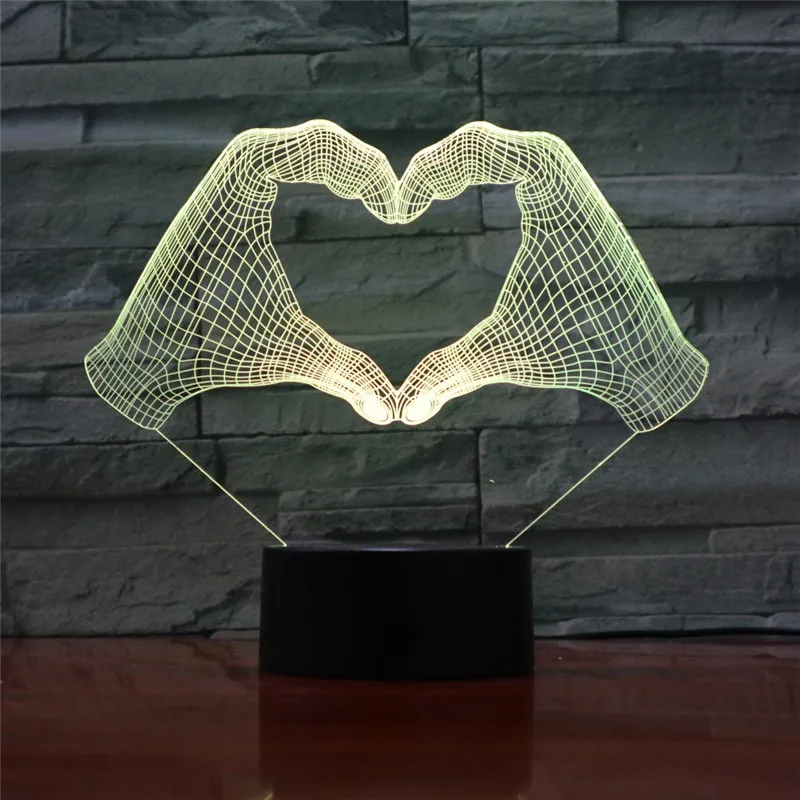 

3D Lamp Love Heart Hand Gesture LED Night Light Action Figure 7 Colors Touch Table Decoration Light Optical Illusion