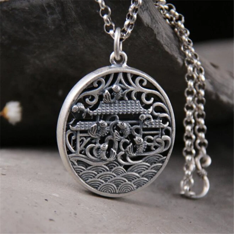 

999 Sterling Silver 35*43MM Fish Carp Jump Longmen Design Necklace Pendants For Jewelry Necklace Bracelet 25.30g