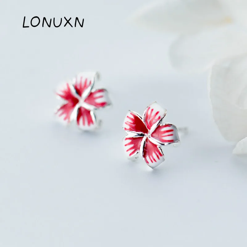 

High-quality Peach Blossom stud Earrings 925 pure Sterling silver Studs Earrings Best Gift For Woman five-valved red flowers art