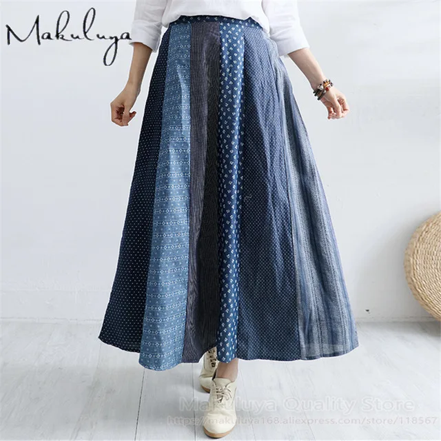 

Retro Spring Summer Autumn Women Girl Vintage Flower Patchwork Printing Bohemian Spliced Denim Long Pleated Skirts Female Stripe