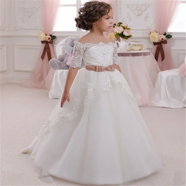 First Communion Dress Hollow Back Lace Up Appliques Half Sleeves Bow Shoulderless Ruffle Baby Girl Christmas Tulle Ball Gown cutout back ruffle hem button up cami dress