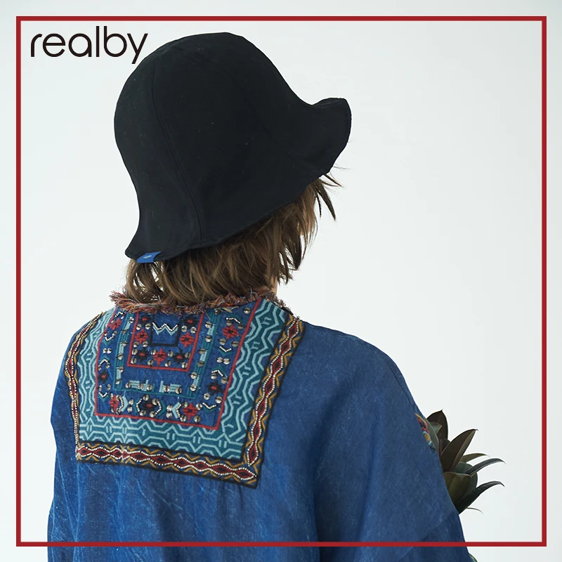 

REALBY Summer New Pure Black Sanshade Fisherman Hat Womens Cotton sunscreen basin cap sweet cute shopping beach unisex KR04-301