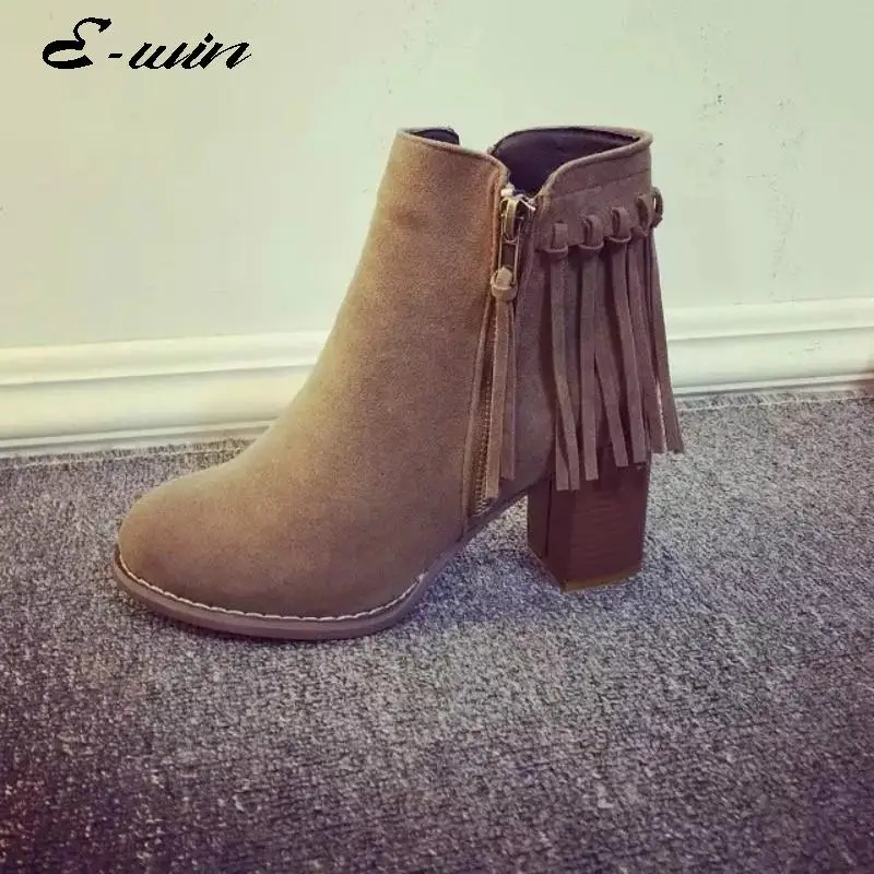 2016 New Autumn Women Ankle Boots Tassel High Heel Solid Color Vintage Fashion Women Round Toe Short Boots zipper