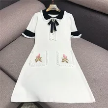 Роскошное дизайнерское Брендовое трикотажное платье для женщин, Хепберн, винтажное платье с воротником Питер Пэн, с вышивкой в виде банта, шелковое трикотажное платье