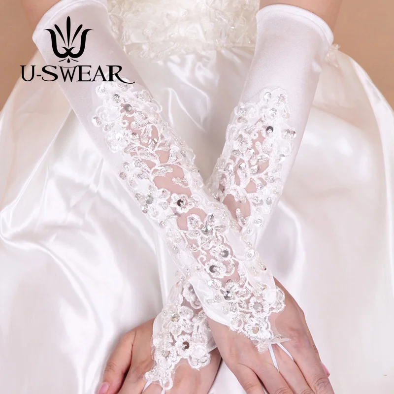 

U-SWEAR 2019 New Arrival White Women Wedding Gloves Flora Lace Sequin Crystal Beaded Fingerless Wedding Gloves For Bride