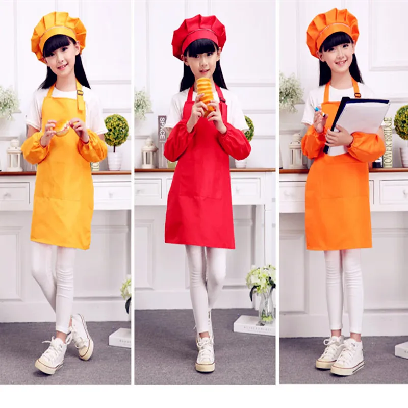 Children art Kitchen Aprons Waists 9 Colors Kids Aprons with Sleeve&Chef Hats for Painting Cooking Baking 4 pcs/set