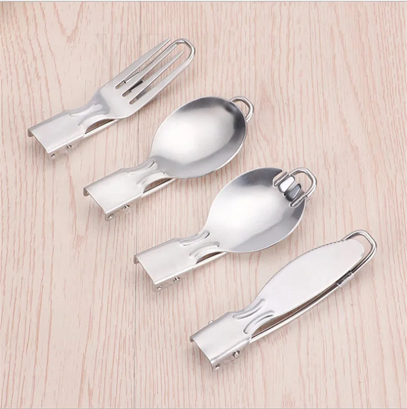 304 Stainless Steel Folding Cutlery Set Folding Knife and Fork Spoon Salad Spoon Straw Outdoor Portable Folding Tableware