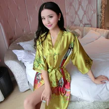 Новое поступление, китайская женская летняя шелковая пижама, Сексуальное мини платье-халат, Восточный халат, банное Ночное платье с цветком, один размер, J05