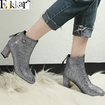 

Eokkar 2019 Bling Ankle Boots For Women Flock Zipper Women Ankle Boots Round Toe Winter Boots Square Heel Ladies Shoes Size34-39