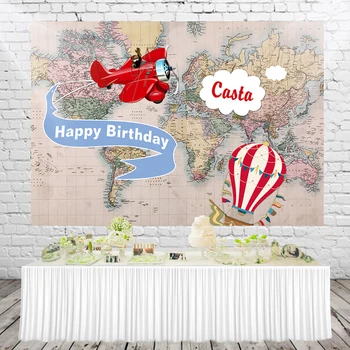 

HUAYI Aircraft boy Baby Shower world map Adventure Backdrop balloon birthday party decoration Photocall shoot Background W-2149