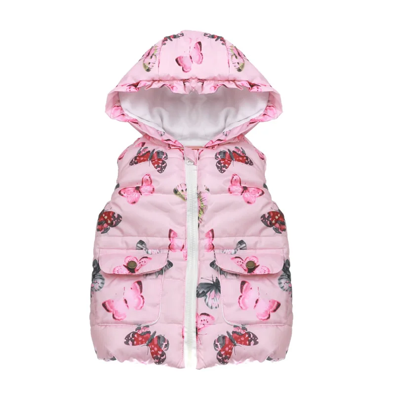 Жилеты для девочек; сезон осень-зима; модный детский жилет с капюшоном и принтом бабочки; розовый костюм принцессы для детей; теплое пальто; верхняя одежда - Цвет: Розовый