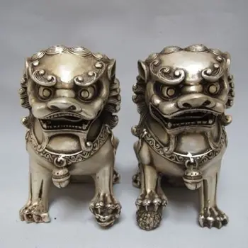 

Chinese Tibet silver carved guard Foo Dogs Lion pair statues