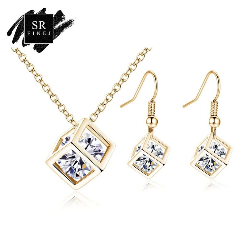 SRFINEJ Fashion Square Geometry Jewelry Sets Crystal Pandent Link