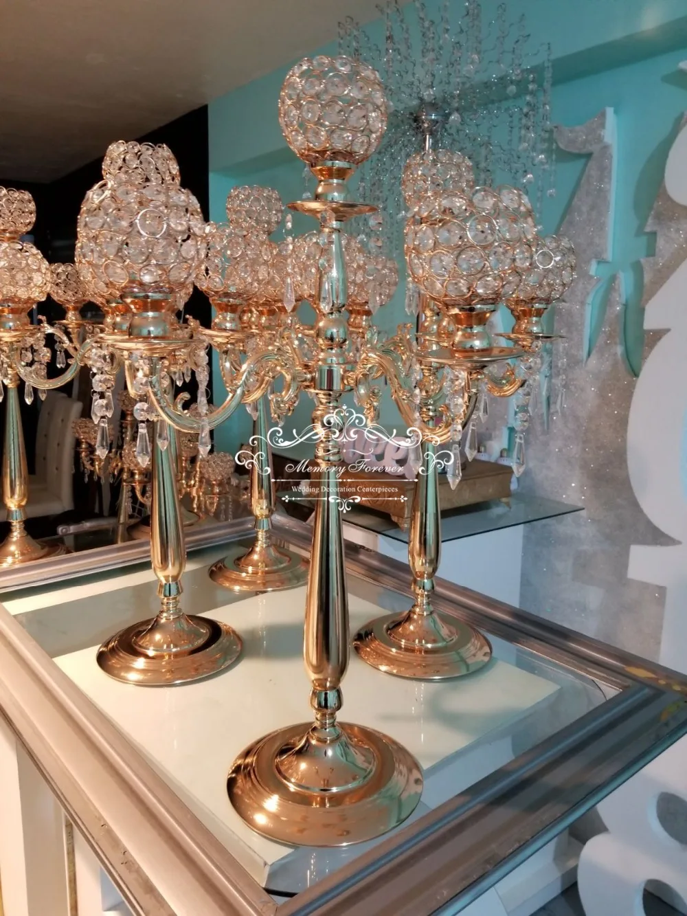 75cm Gold 5 Arms Crystal Candelabra Candle Holders Wedding
