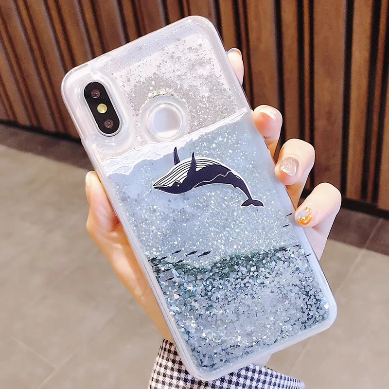 3D Whale Dolphin Glitter Star Cover For Xiaomi Mi 8 5X Mi A1 6X Mix 2S Liquid Quicksand Cases For Xiaomi Redmi 5 plus Note 5 pro