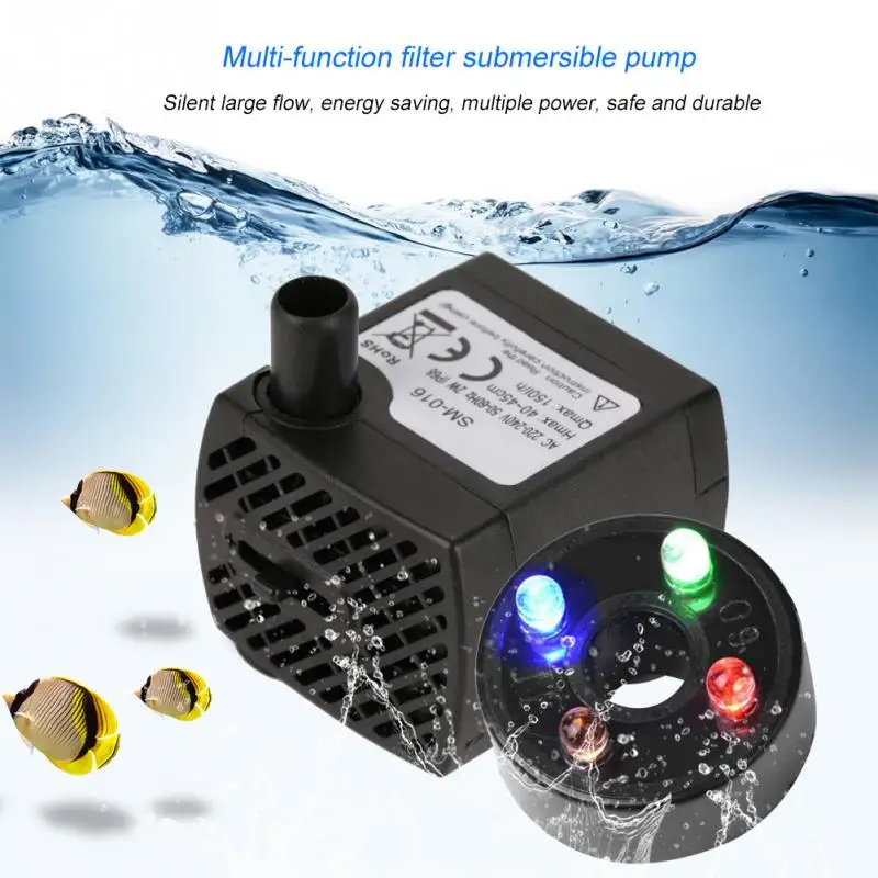 2W Ultra Quiet Submersible Water Pump with LED Light Fish Aquarium Tank