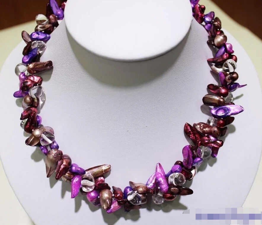 

huij 003291 Purple Series freshwater pearl&crystal necklace 2strand 8x17mm18"Alloy"Handmade