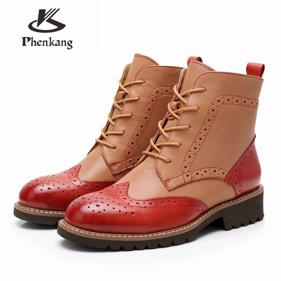 本物の羊の革足首チェルシーブーツ Yinzo 女性の靴手作りオックスフォード靴女性の冬のブーツ赤茶色 Ankle Boots Aliexpress