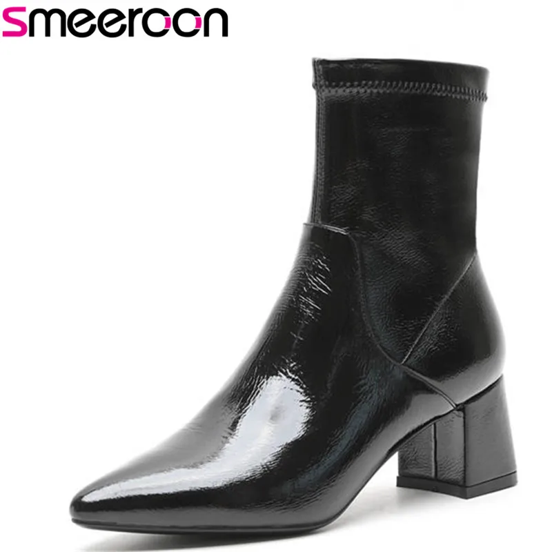 

Smeeroon 2018 high quality patent leather ankle boots for women pointed toe autumn winter boots elegant high heels shoes woman