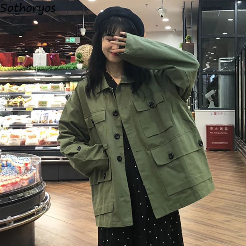 

Jackets Women Solid Simple All-match Turn-down Collar Leisure Korean Coats Womens Loose Ulzzang Hip Hop BF Students Jacket Chic