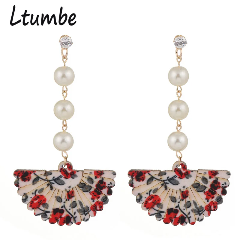 

Ltumbe Trendy Maxi Wood Carved Sector Flowers Simulated Pearl Crystal Long Dangle Earrings for Women Jewelry Pendientes Mujer