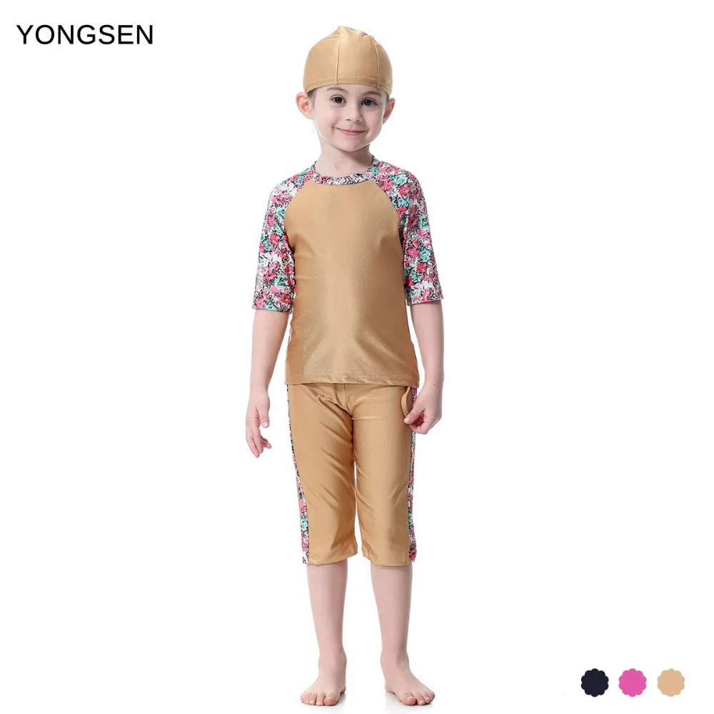 

YONGSEN Swimwear Girl Hijab Muslim Modest Swimsuit Full Coverage Plus Size Burkinis Islamic Swim Wear 3 Pieces Short Sleeve