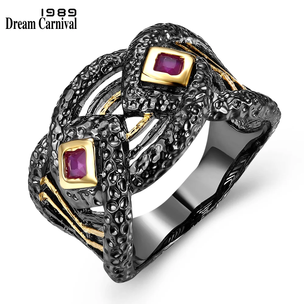 

DreamCarnival 1989 Black Gold Color Hip Hop Parties Jewelry Rings Fuchsia Red CZ Gothic Anniversary Gift for Women Lover SR2288