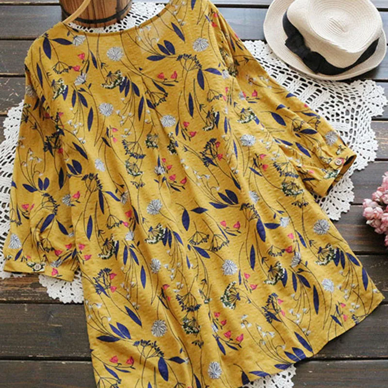 

4XL 5XL Big Size Women Women's Cotton Tops Womens Holiday Floral Print Long Blouse Ladies Casual Loose Tops Size