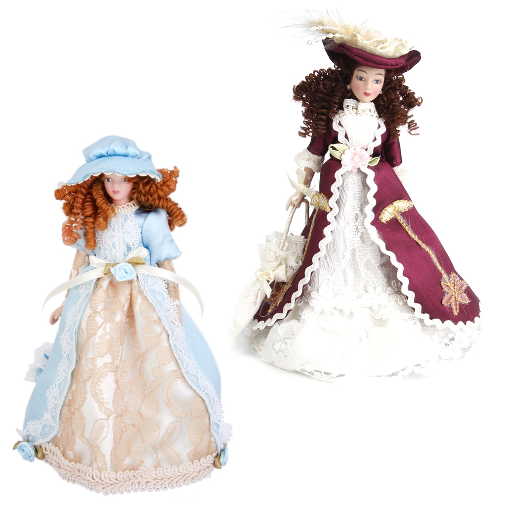 

2pcs 1/12 Doll House Miniature Porcelain Doll Victorian Lady with Hat & Stand Home Decor