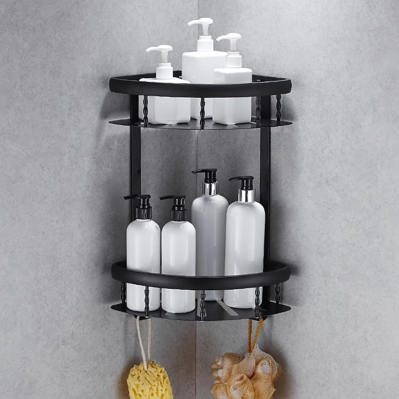 

Double Triangle Basket Towel Racks Antique Black Space Aluminum Bathroom Wall Mount Shelf Bathroom Hardware Accessories