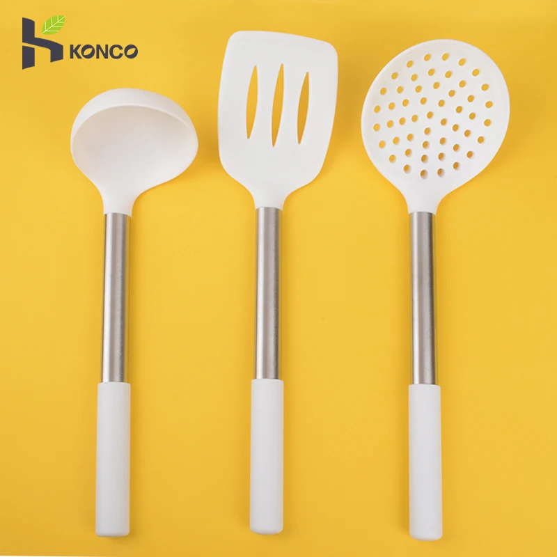 

KONCO White Silicone Cook Utensils Spoon, Spatula,Turener, Colander Slotted Spoon Colander Non-stick Cooking Tools