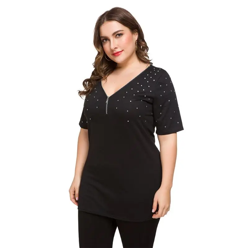 

Women Ladies Plus Size Sexy V-Neck Zippered Rhinestones Hot Drilling Short Sleeve Tee T-Shirt Top