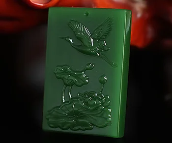

China hand carved natural green Exquisite jade crane pendant-Lotus