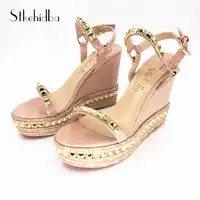 Stkehidba Summer Women's Sandals High Heels Shoes Rivets Women's Shoes Real Leather Ankle Strap Straw Platform Wedges For Woman