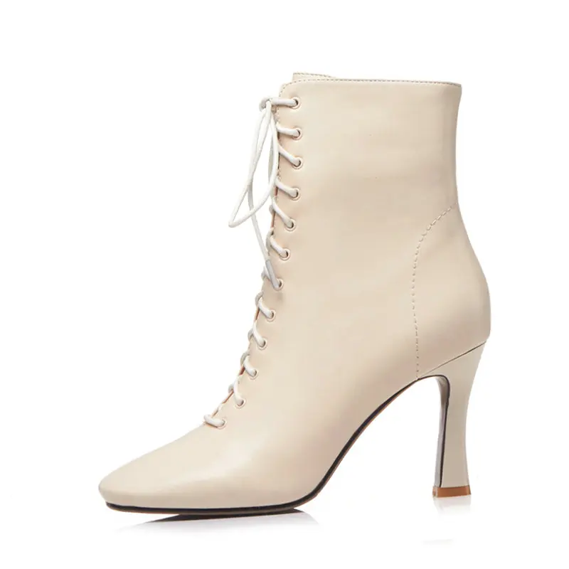 TXCNMB/женские ботинки из натуральной кожи; ботильоны; модные женские ботинки «Челси» на высоком каблуке; сезон осень; ; женская обувь - Цвет: Бежевый