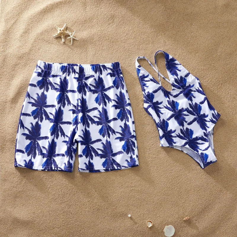 Coconut Tree Print Swimsuit Mommy And Me One Piece Mom And Daughter Bikini Set Family Look Swimwear Men Boy Dad Son Beach Shorts