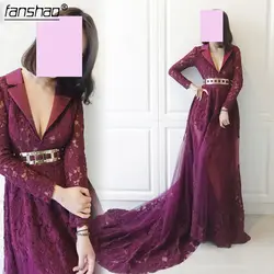 Модное фиолетовое сливовое кружевное вечернее платье с длинными рукавами, сделанное с высокой линией талии, женское торжественное платье