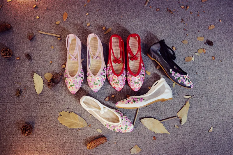 CEYANEAOChinese летние женские туфли лодочки острый носок марли обувь с дышащей сеткой цветочный Вышивка мягкие балетки женская обувь zapatos mujer