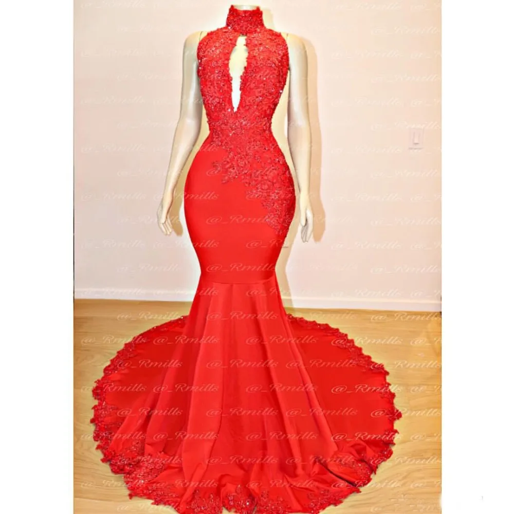 high neck red prom dress