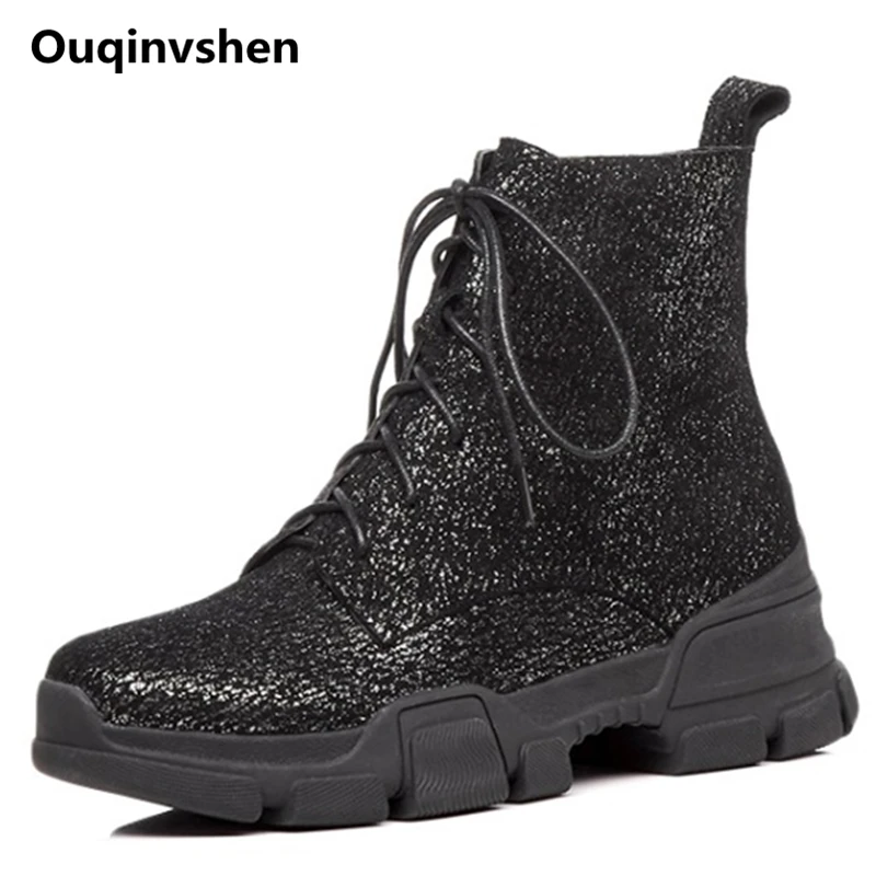 

Ouqinvshen Shoe Laces Ladies Boots For Winter Round Toe Genuine Leather Zipper Wedges Boots Fashion Flush Platform Boots 5CM