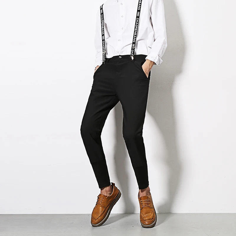 28-33! мужская одежда мода нагрудник брюки опрятный стиль спагетти ремень узкие брюки ноги штаны луч боди Певица костюмы
