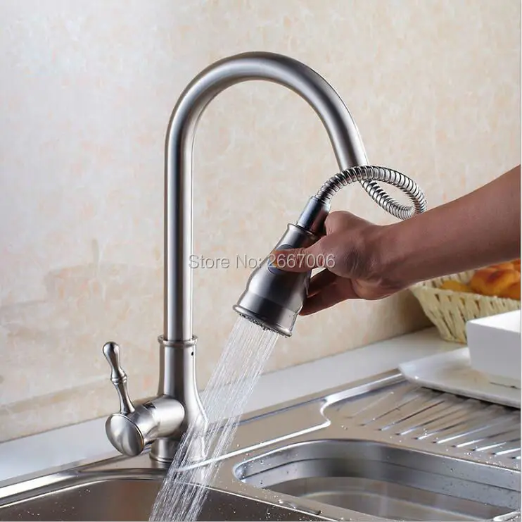Free shipping Hot Sale Swivel Spout Pull Out Kitchen Faucet Tap Hot And Cold Brushed Nickle Copper Kitchen Sink Mixer Taps ZR664 Free shipping Hot Sale Swivel Spout Pull Out Kitchen Faucet Tap Hot And Cold Brushed Nickle Copper Kitchen Sink Mixer Taps ZR664
