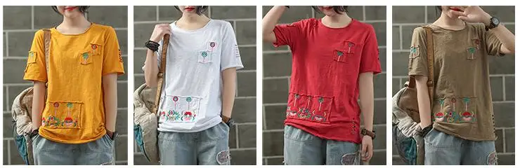 Бамбуковые хлопковые Ретро Винтажные футболки летние женские свободные с О-образным вырезом и карманами, большие размеры, футболки Yalabovso A0B-S-0766Z20